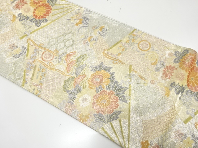JAPANESE KIMONO FUKURO OBI / SILK / SAGANISHIKI / WOVEN KICHO & FOLDIING FAN & FLOWERS